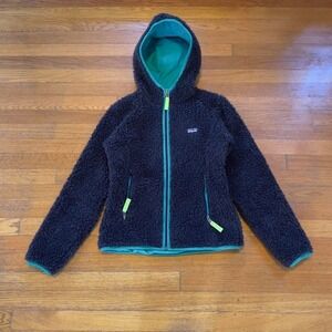 00s Patagonia deep pile fuzzy fleece dark purple zip up hooded slim fit jacket S